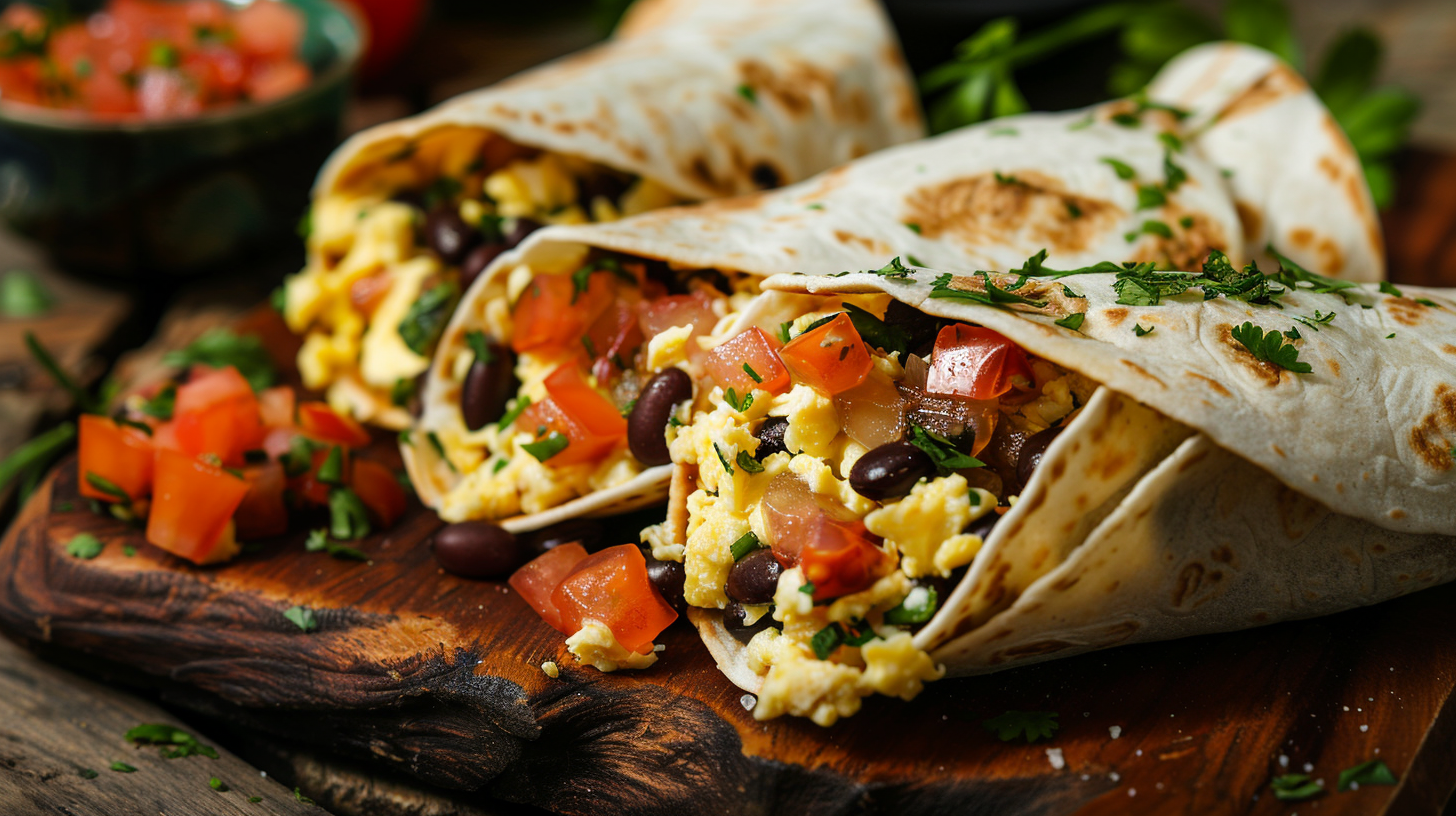 Brunch Burritos with Scrambled Eggs, Black Beans, and Salsa