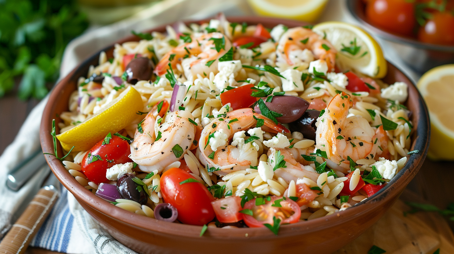 Greek Shrimp Orzo with Feta, Olives, Tomatoes, and Lemon: A Delicious Lunch Option